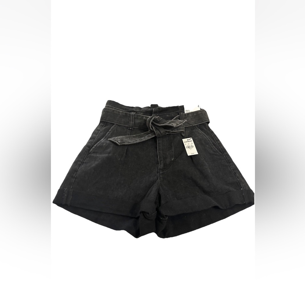 Express Womens 4 Denim Extreme High Rise Shortie Paperbag Jean Short Faded Black